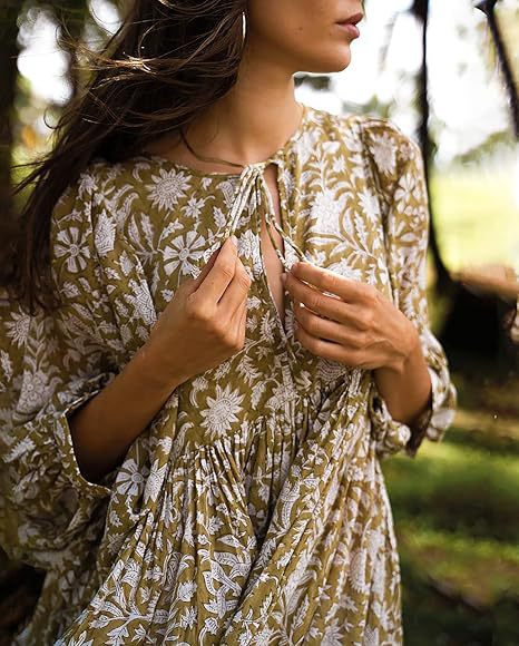 Lace-Up Retro Print Loose Dress