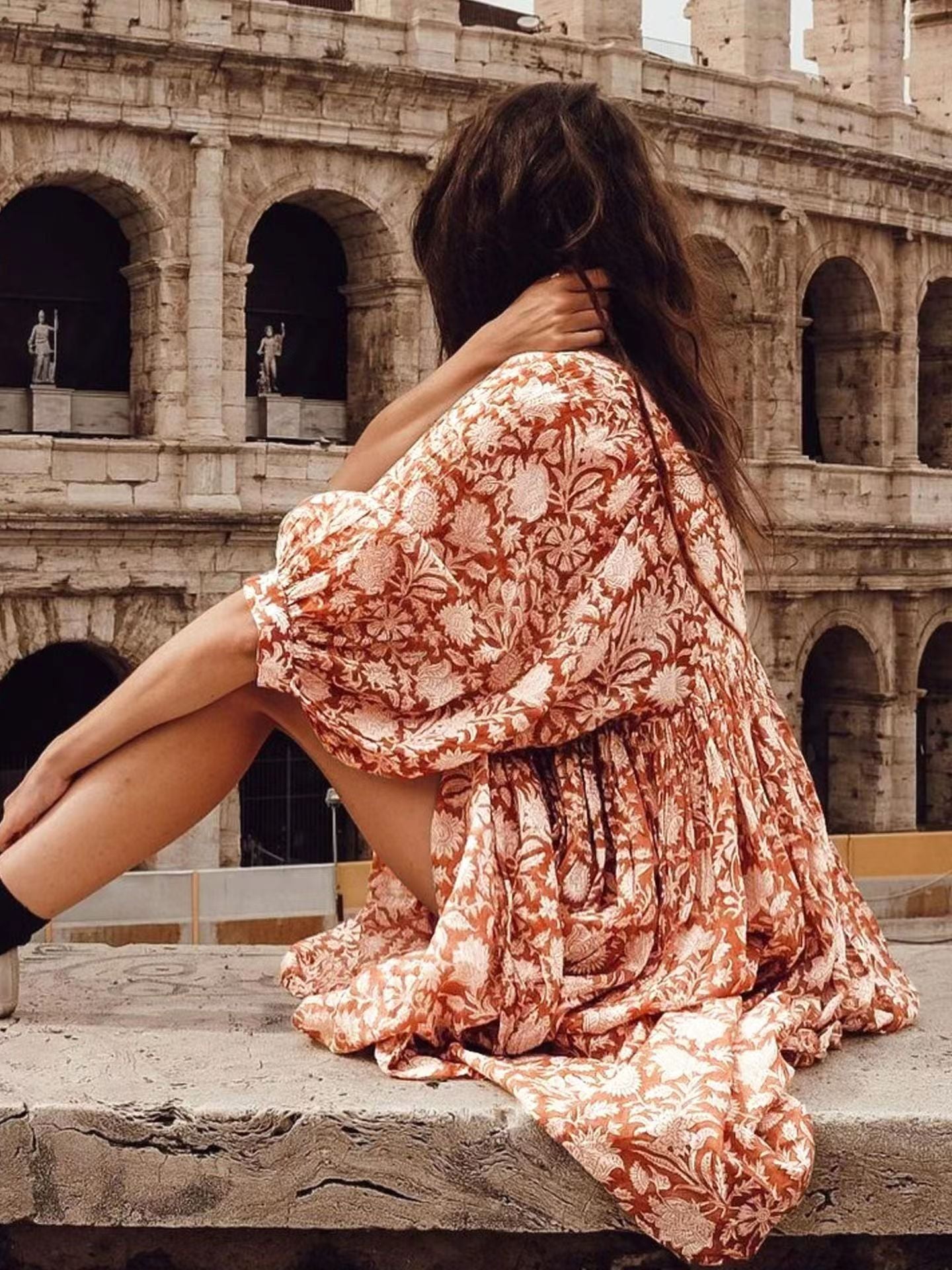 Lace-Up Retro Print Loose Dress
