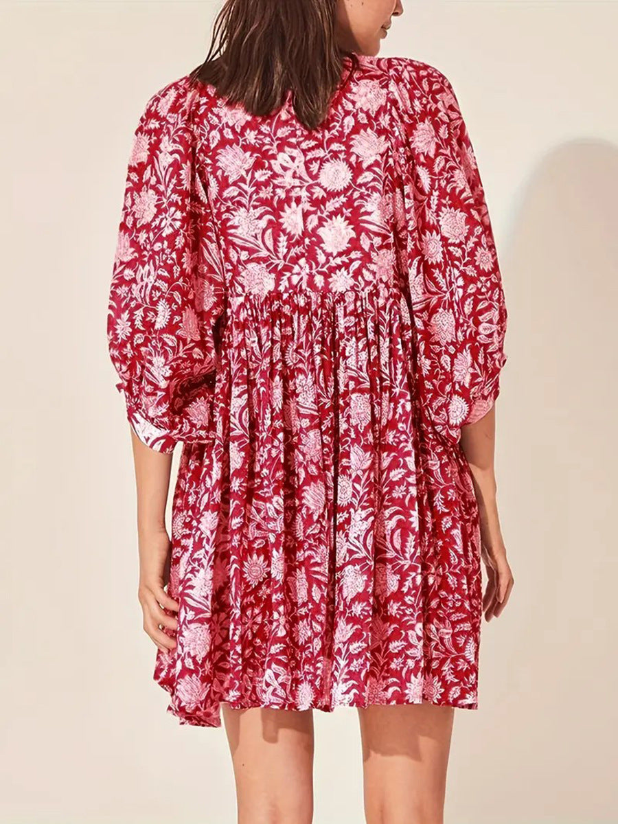 Lace-Up Retro Print Loose Dress