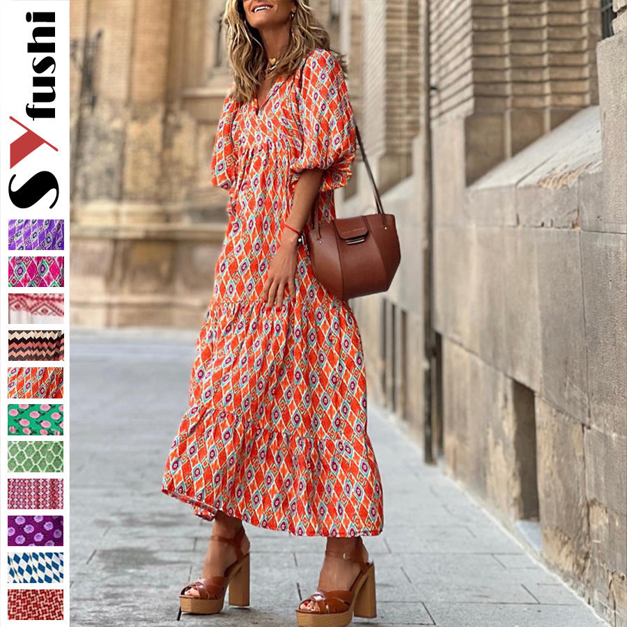 Bohemian Lantern Sleeve Plus-Size Dress
