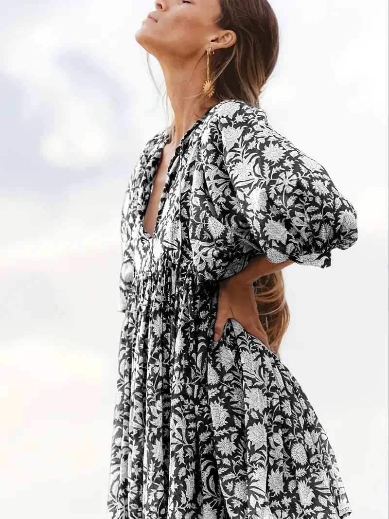 Lace-Up Retro Print Loose Dress