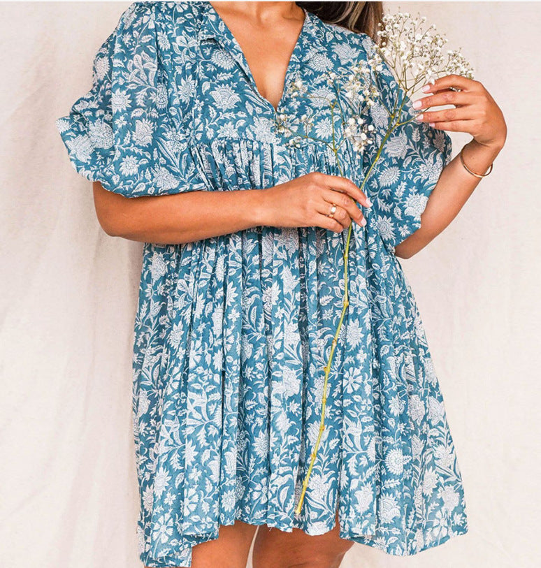 Lace-Up Retro Print Loose Dress