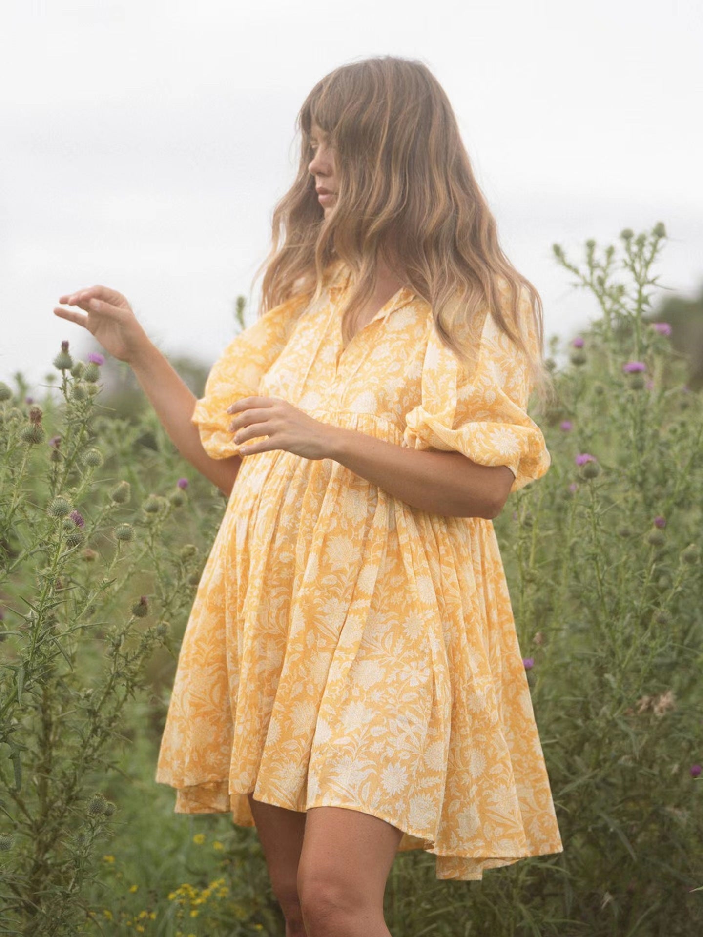 Lace-Up Retro Print Loose Dress