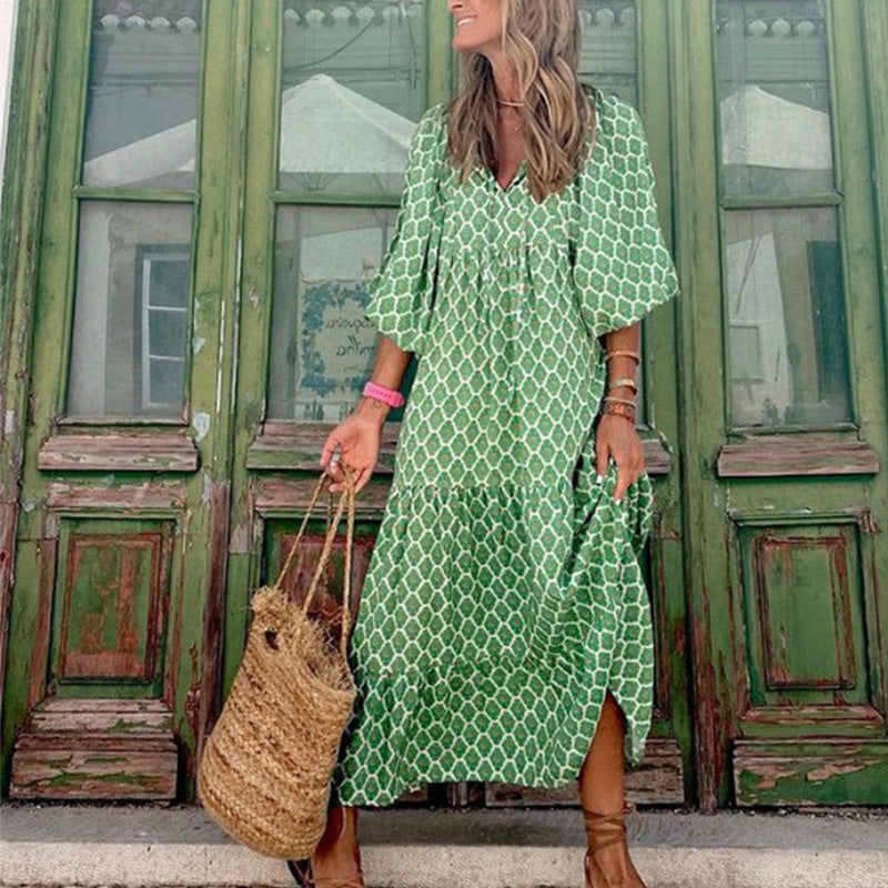 Bohemian Lantern Sleeve Plus-Size Dress