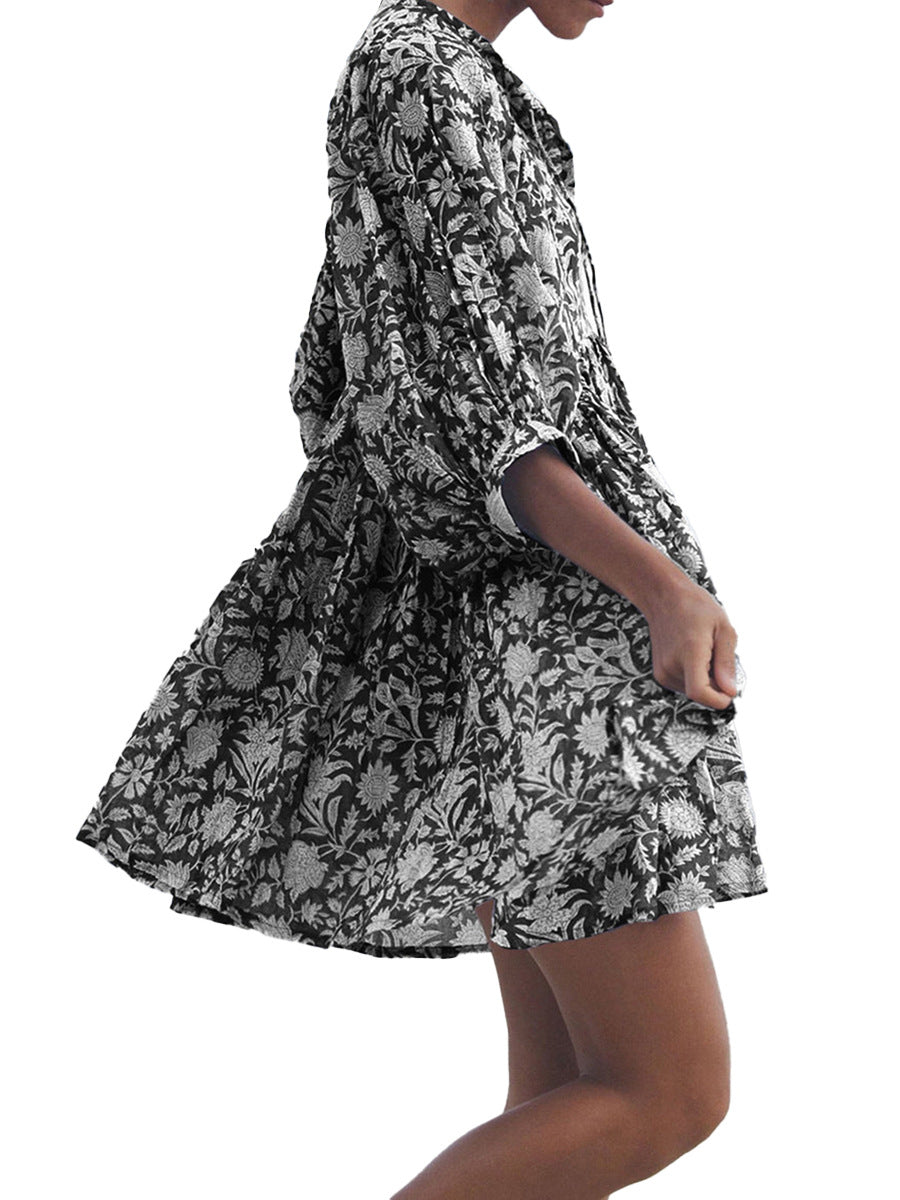 Lace-Up Retro Print Loose Dress