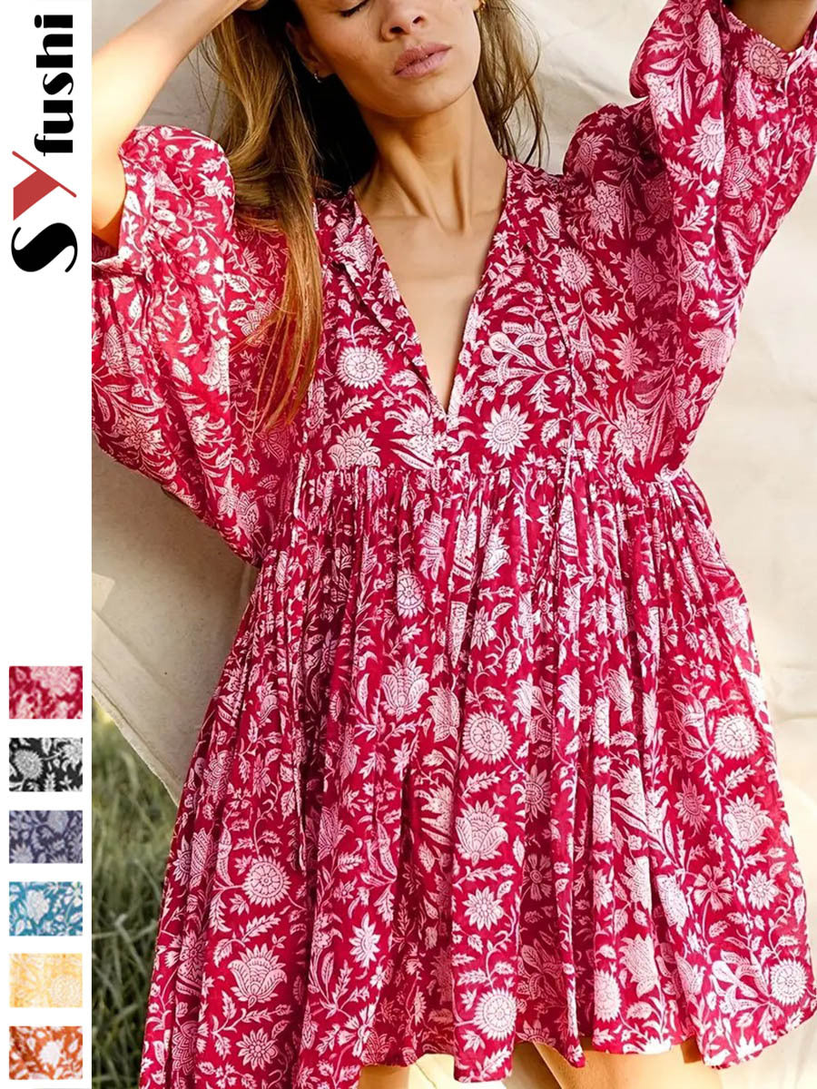 Lace-Up Retro Print Loose Dress