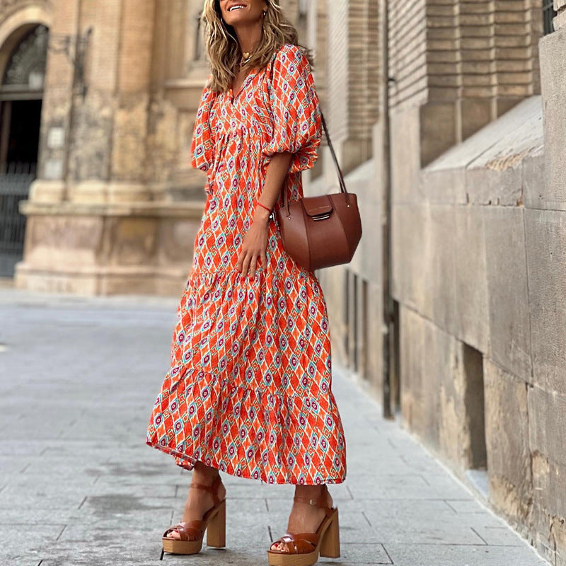 Bohemian Lantern Sleeve Plus-Size Dress
